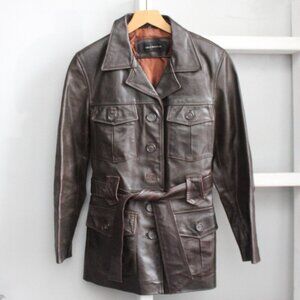 Jim and Marylou Vintage Brown Button Collar Waist Belt Tie Leather Jacket Small